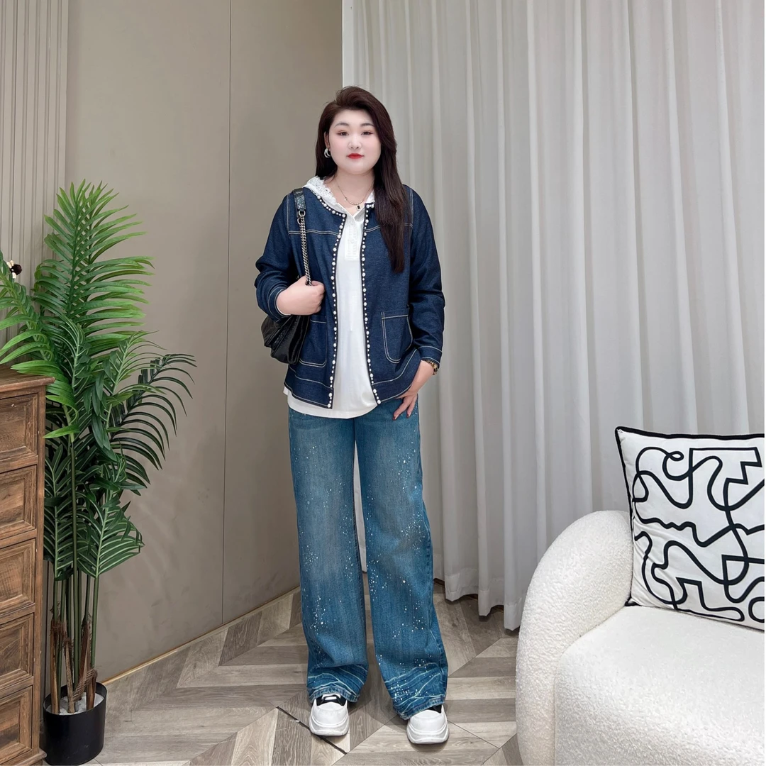 【上新牛仔裤】PMM82116早秋新款高腰烫钻显瘦大码女装直筒牛仔裤