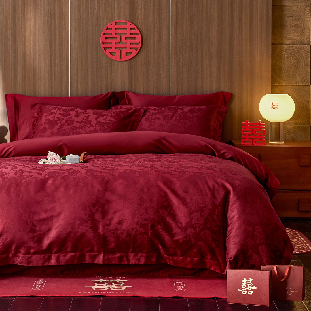 2025新款100S长绒棉贡缎提花婚庆四件套纯棉高档婚庆四件套大红色