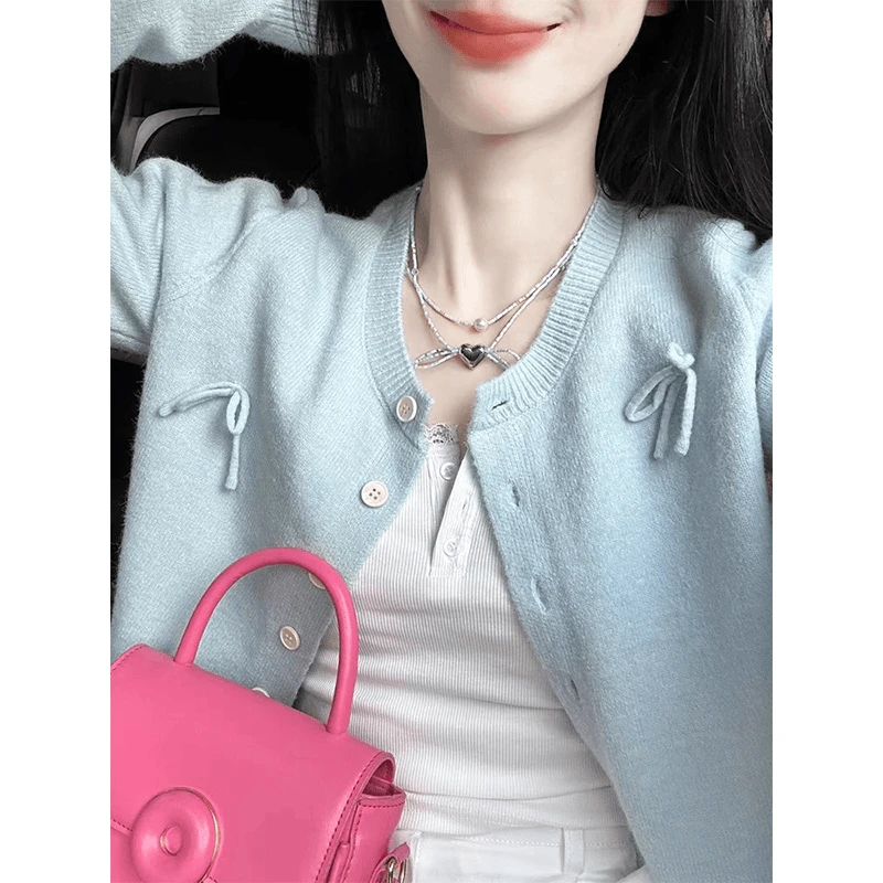 韩系奶fufu蓝色针织开衫女春秋季新款蝴蝶结软糯毛衣外套甜妹上衣