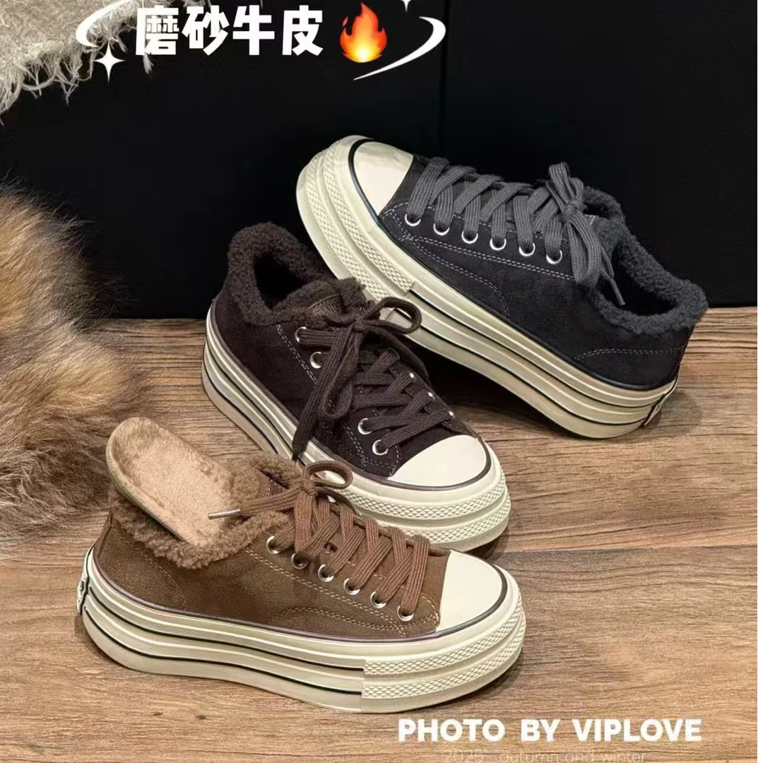 【多多】秋冬新款欧货磨砂牛皮加毛百搭经典系带厚底休闲板鞋