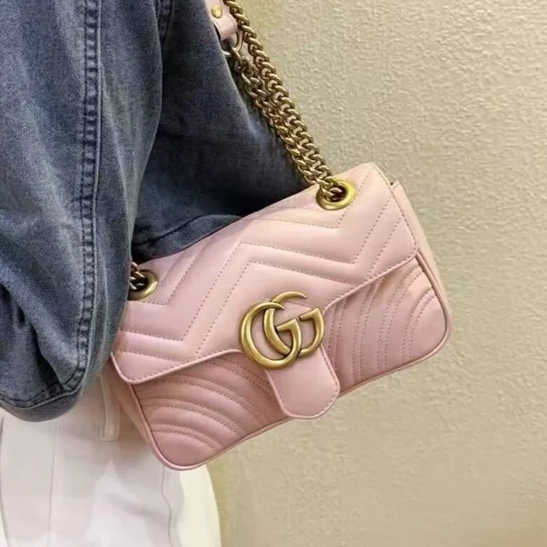 95新 GUCCI/古驰 坤球奢选 古驰粉色马蒙22单肩包