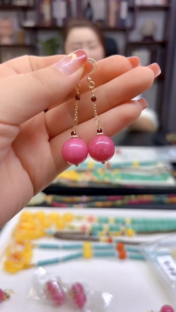 【闪购商品】菱锰矿（红纹石）耳坠14K金镶嵌E613