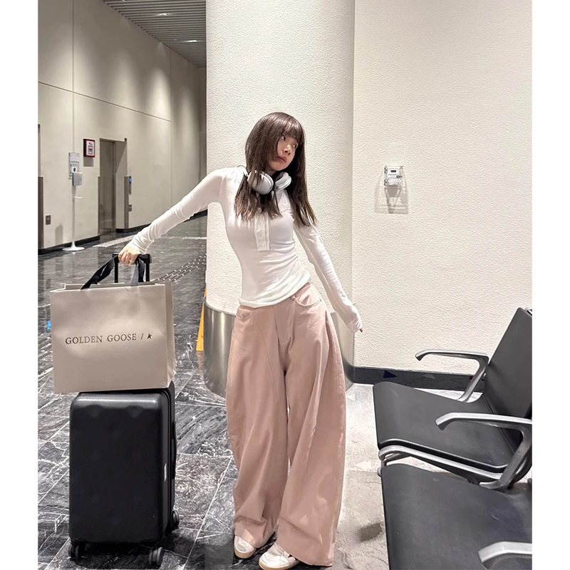 粉色甜妹阔腿水洗裤女春季爆款高腰宽松休闲时尚风百搭潮流长裤子