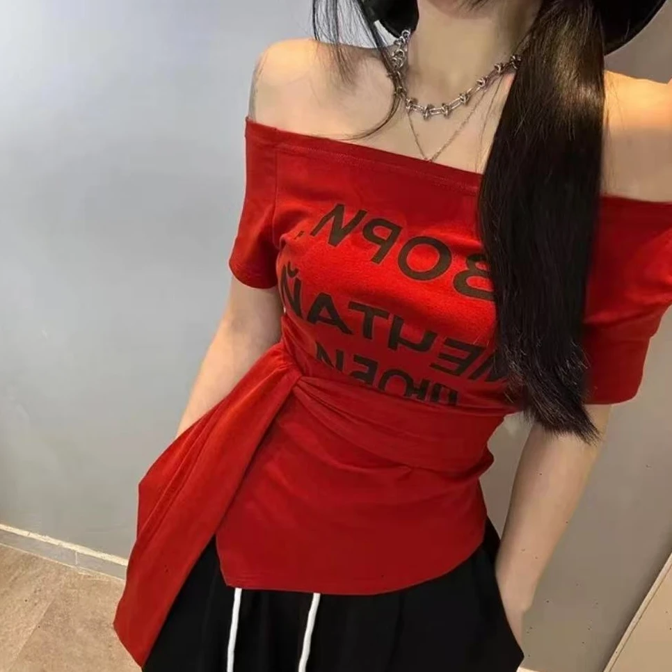 2025夏季新款韩版时尚百搭字母不规则绑带印花短袖T恤女上衣