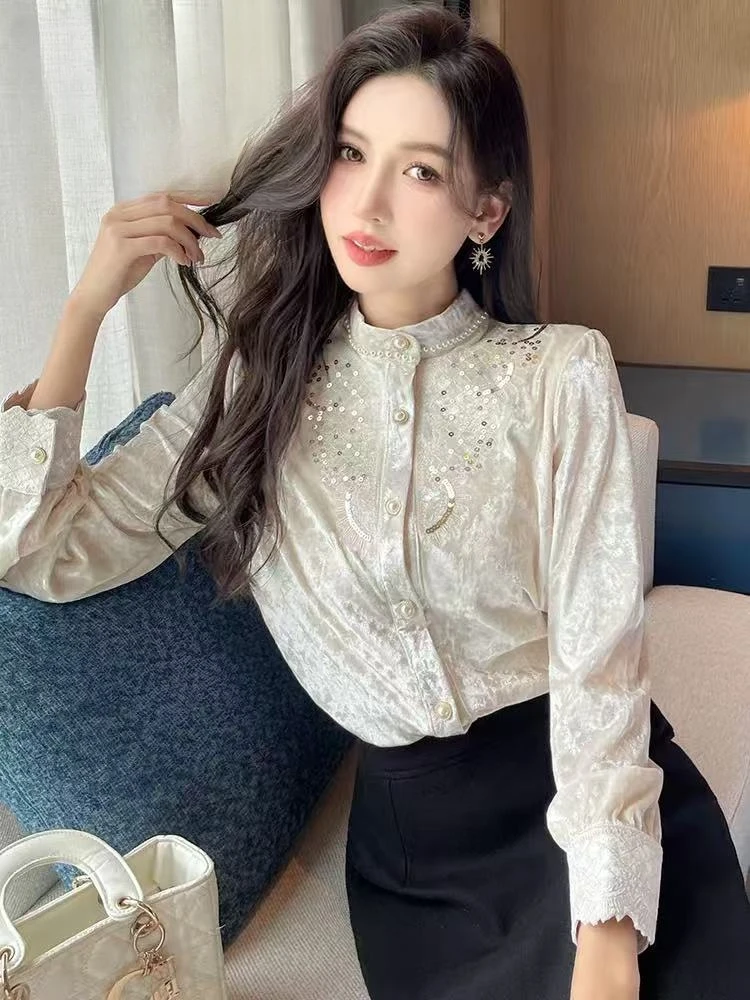 【786】法式气质立领长袖丝绒衬衫女秋季新款时尚洋气减龄打底衫