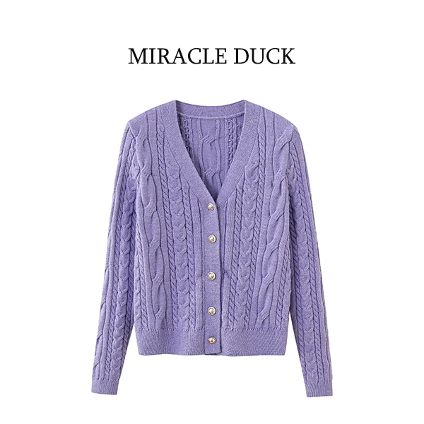 3号【紫色毛衣】春秋冬洋气百搭紫色编织V领长袖针织开衫C1825