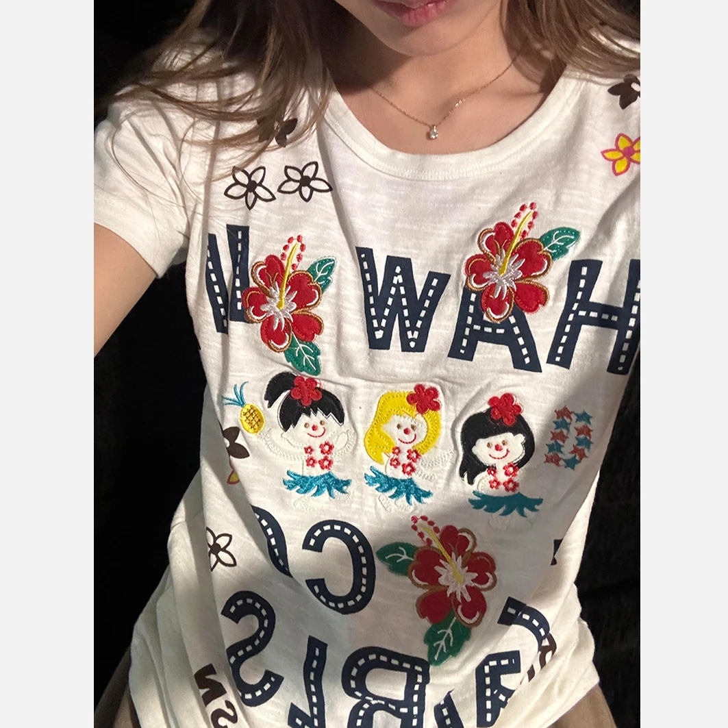 白色卡通刺绣正肩短袖女t恤夏2025新款美式辣妹修身显瘦短款上衣