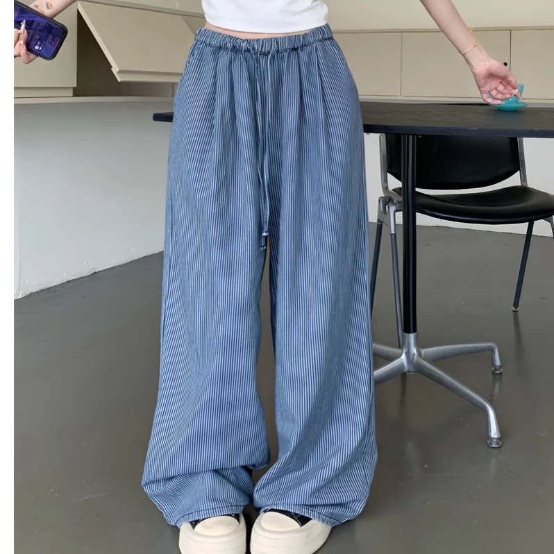 抽绳条纹牛仔裤女2025年夏季新款大码高腰显瘦宽松垂感阔拖地裤子