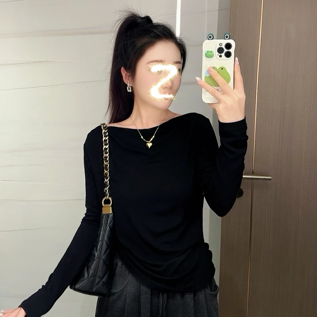 一字肩显瘦露肩打底衫女长袖春秋上衣百搭不规则纯色设计感洋气