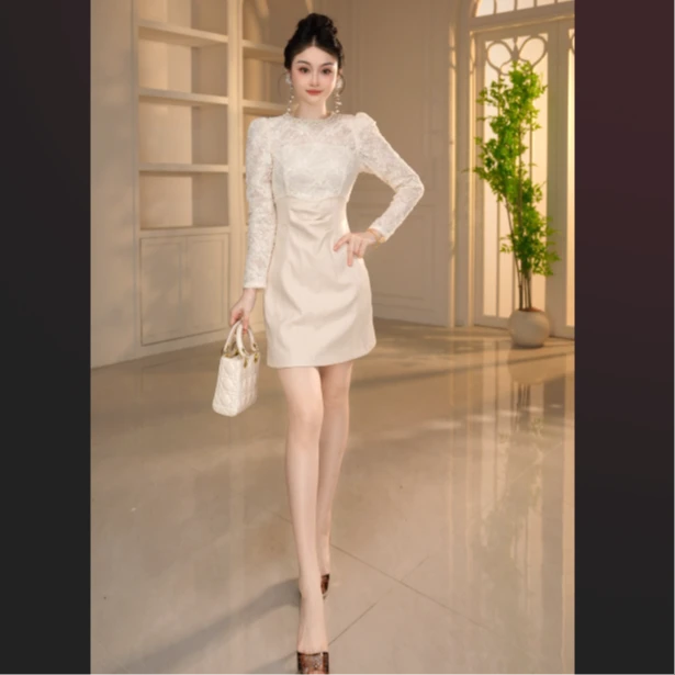 【冯爆爆】短裙常规刺绣长袖连衣裙优雅收腰气质显瘦蕾丝裙45341