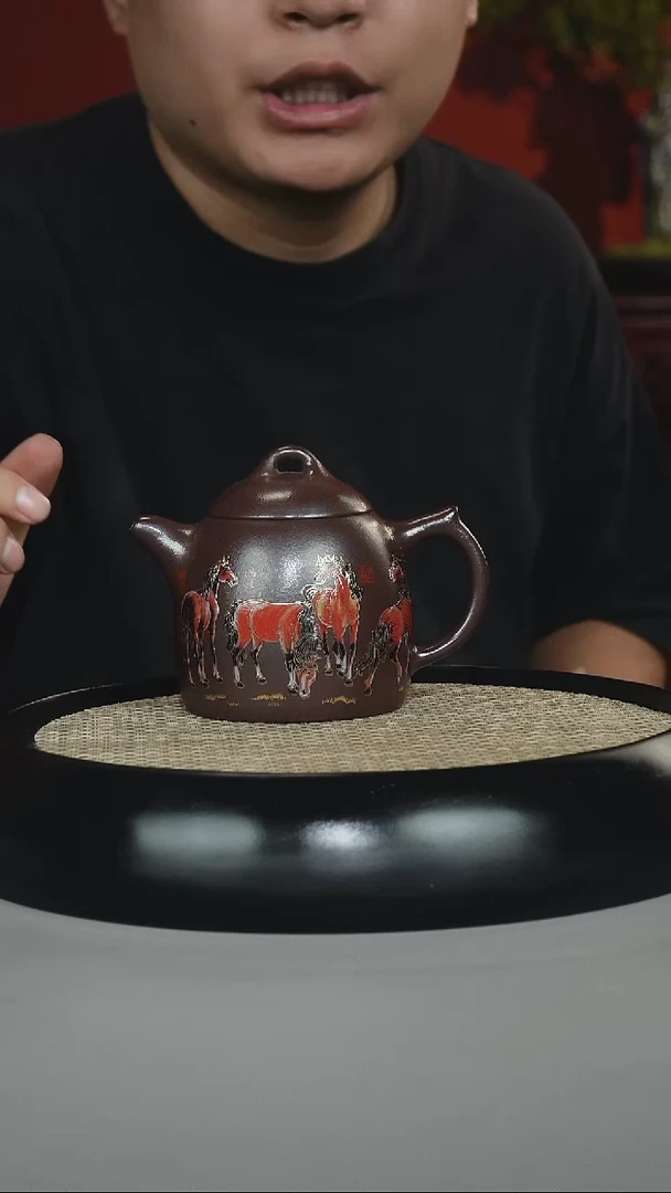 茶壶紫砂石红 秦权 八骏 珐琅彩
