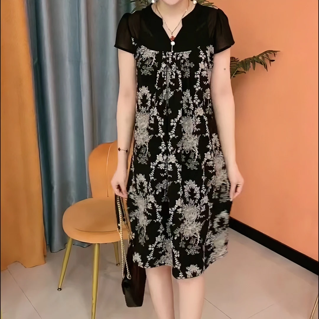 2025夏季新款时尚气质遮肉显瘦休闲洋气宽松碎花短袖连衣裙