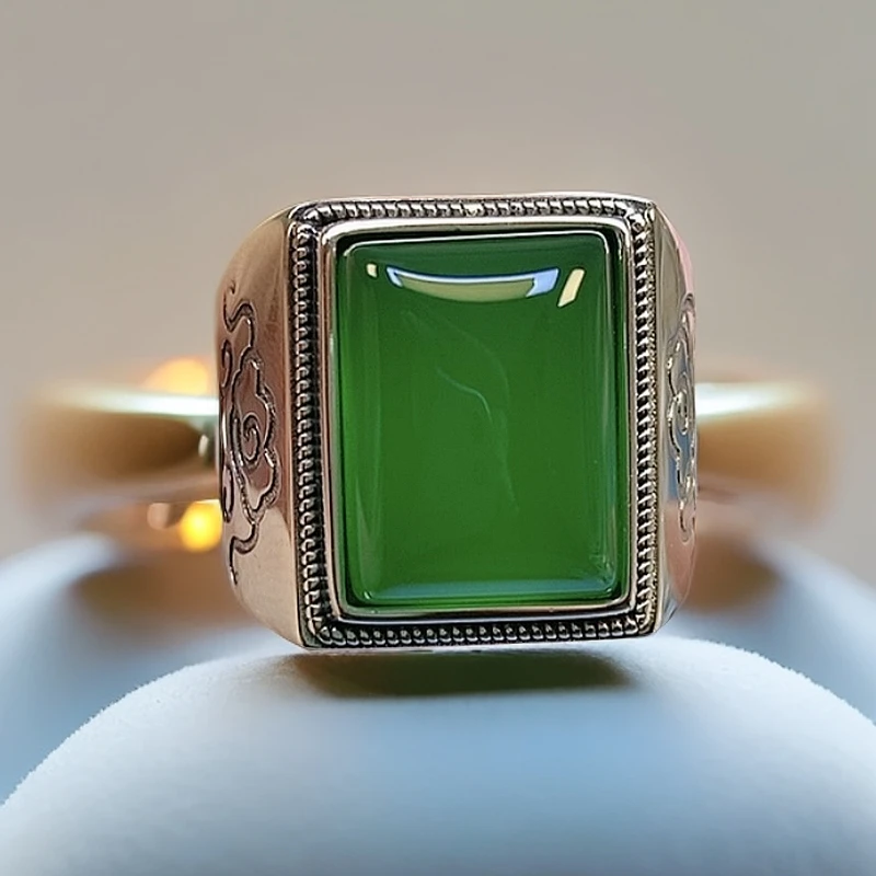 S925银天然绿玉髓祥云大方戒