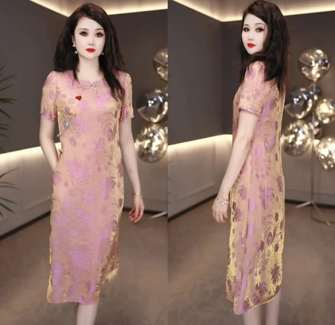 夏季新款圆领休闲时尚显瘦遮肉减龄洋气中长款连衣裙