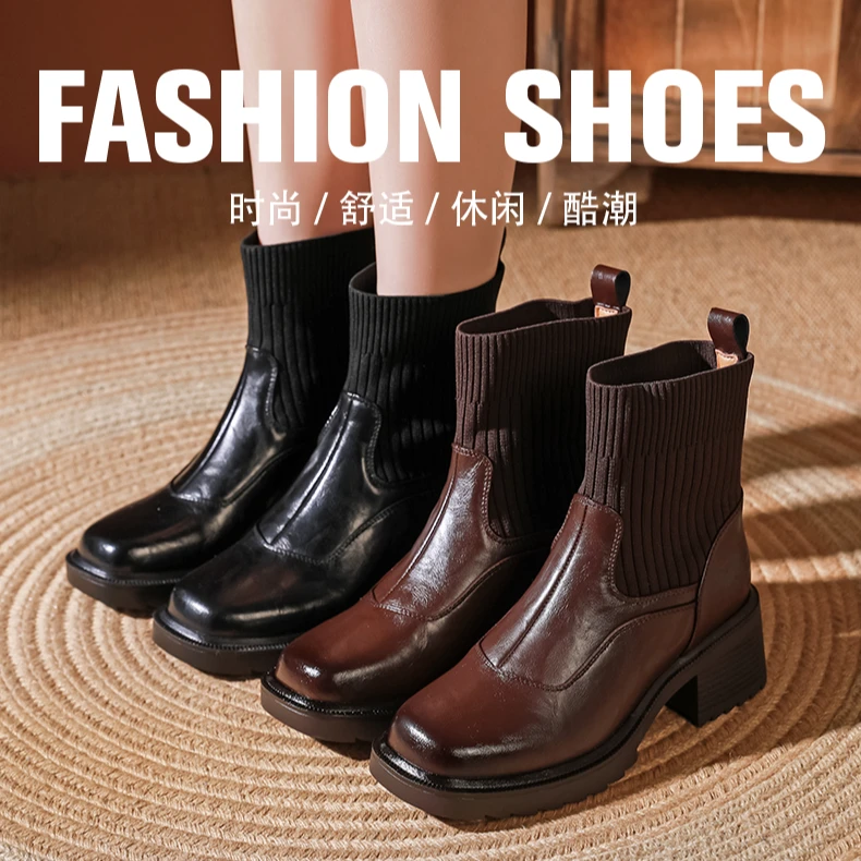 【跳跳鱼】袜靴短筒舒适高跟秋季小个子方头短靴子常规款短靴黑色