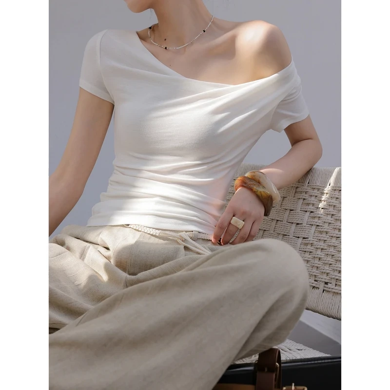 白色荡领短袖设计感T恤女2025夏季新款修身显瘦上衣