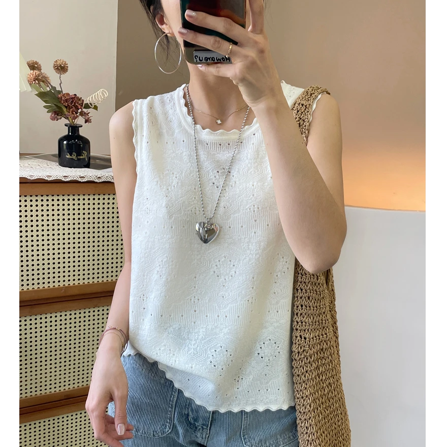 法式气质小香风花边圆领内搭女宽松显瘦春夏无袖背心薄出游穿搭