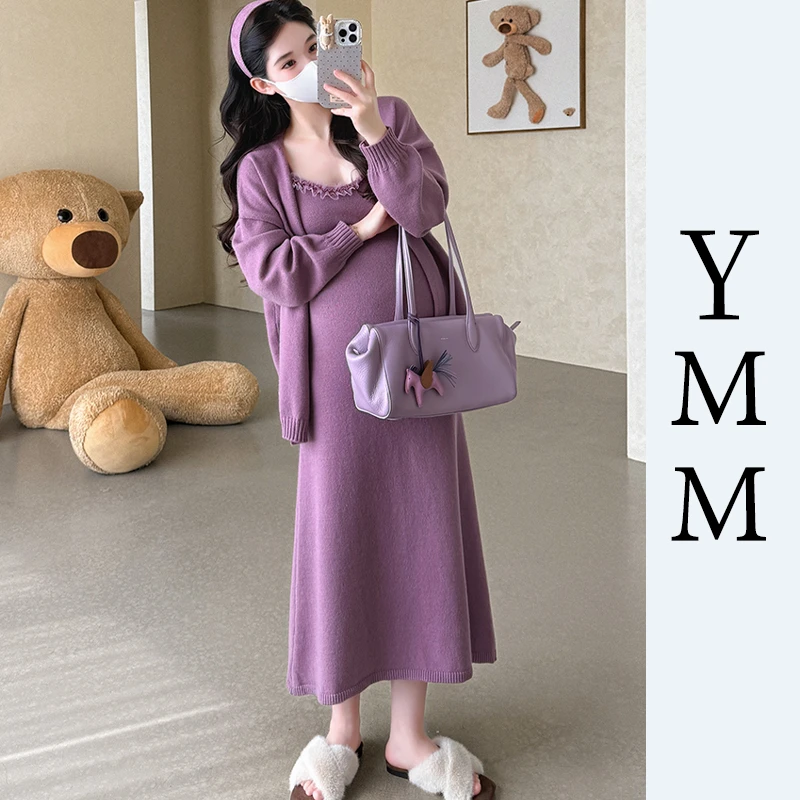 孕妇装秋冬季套装2025新款洋气辣妈针织时尚花边吊带裙+开衫套装