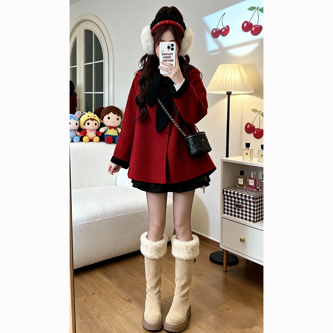 秋冬季时尚一整套女装2026新款韩版宽松连帽外套百搭连衣裙两件套