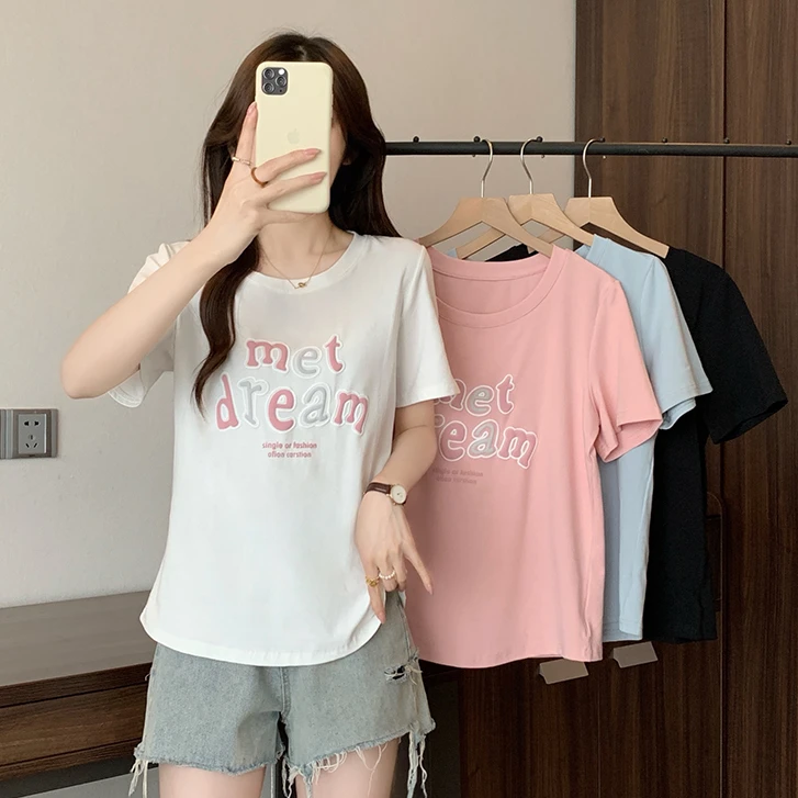 大码胖mm韩系甜美字母印花短袖T恤女夏季新款设计感百搭正肩上衣