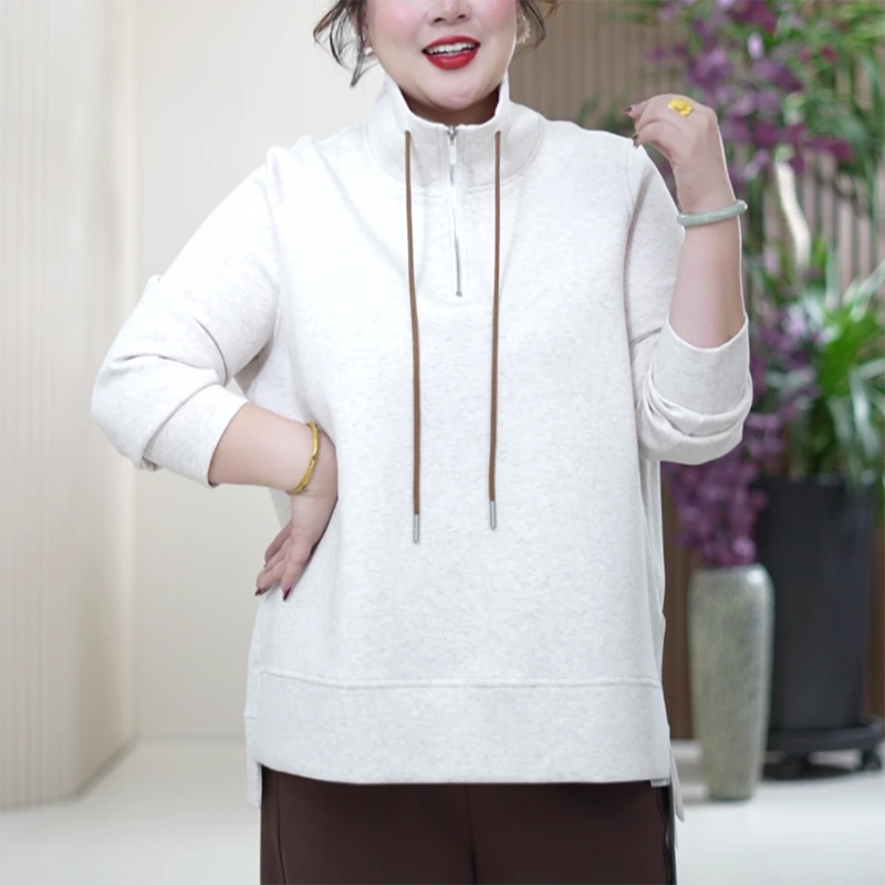 液氨新氧双面棉立领半拉链卫衣前短后长藏肉加大码春秋季上衣女