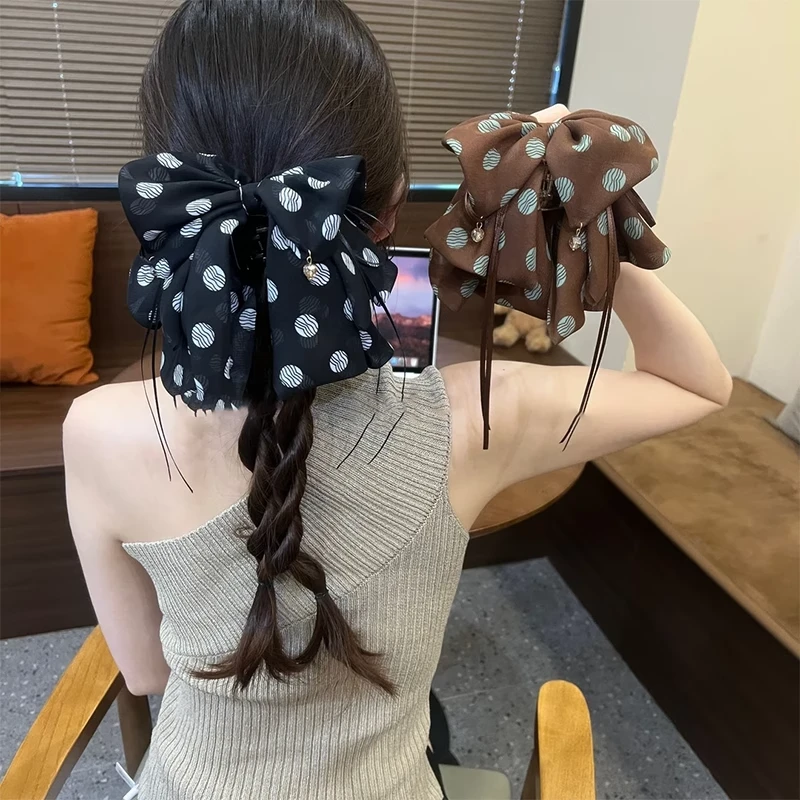 韩国高级感波点蝴蝶结抓夹女夏天优雅半扎发夹气质后脑勺马尾发卡
