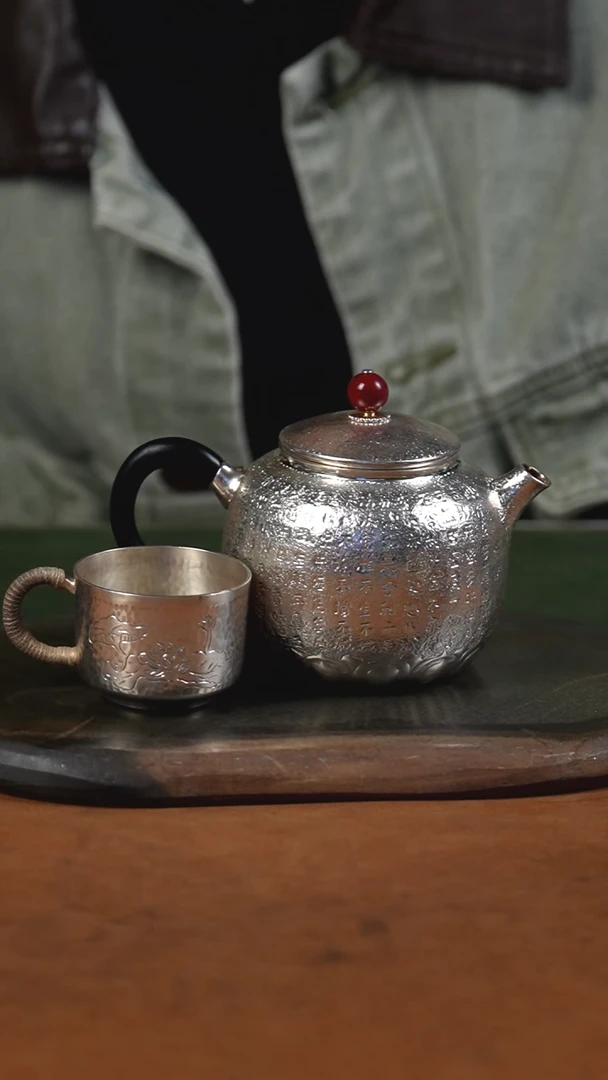 手工心经壶莲花底银壶+莲花杯