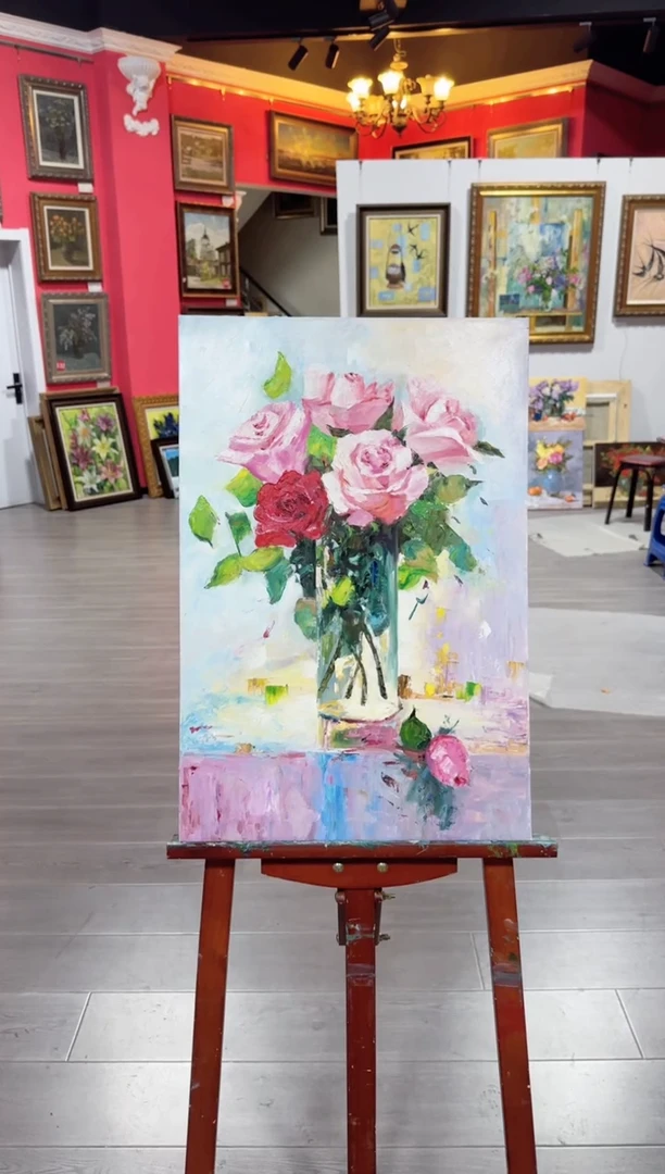 油画俄罗斯手绘油画作品《玫瑰》40*60cm带内框收藏证书