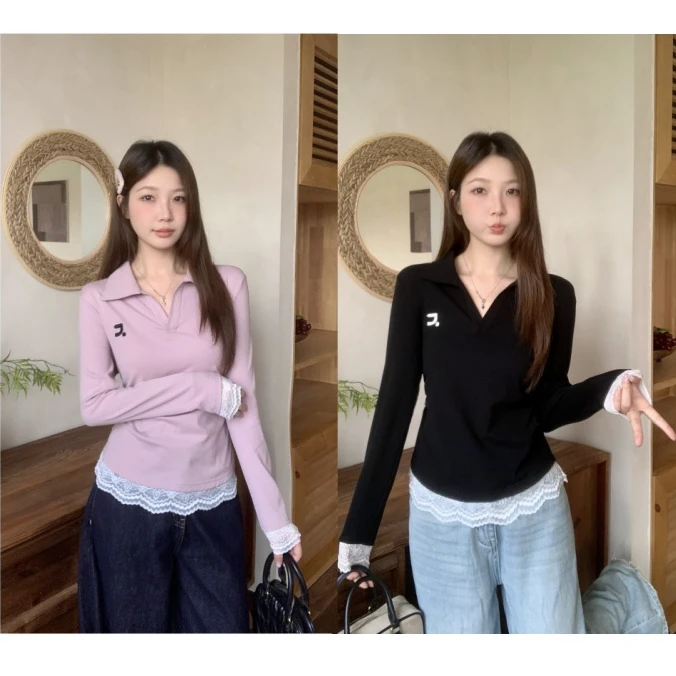 清蕾丝花边百搭设计感长袖t恤2025秋款胖mm修身显瘦正肩上衣80219