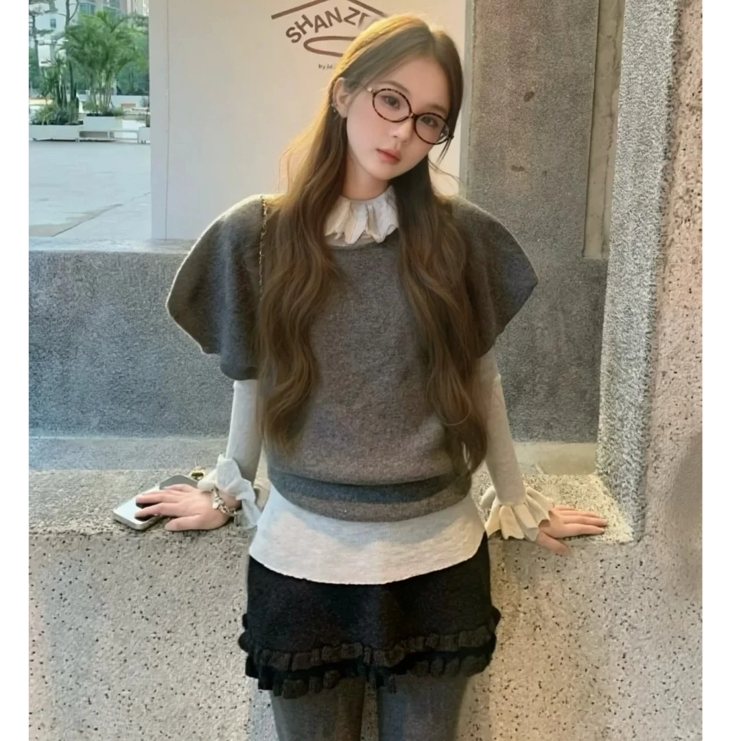 复古甜美风花瓣领长袖打底T恤花苞短袖上衣女木耳边半身裙三件套