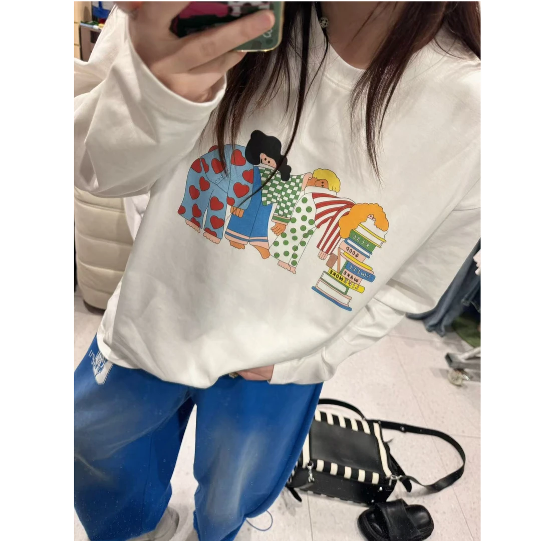 晶咕【偶尔摆烂~】设计感卡通人物印花圆领宽松T恤上衣