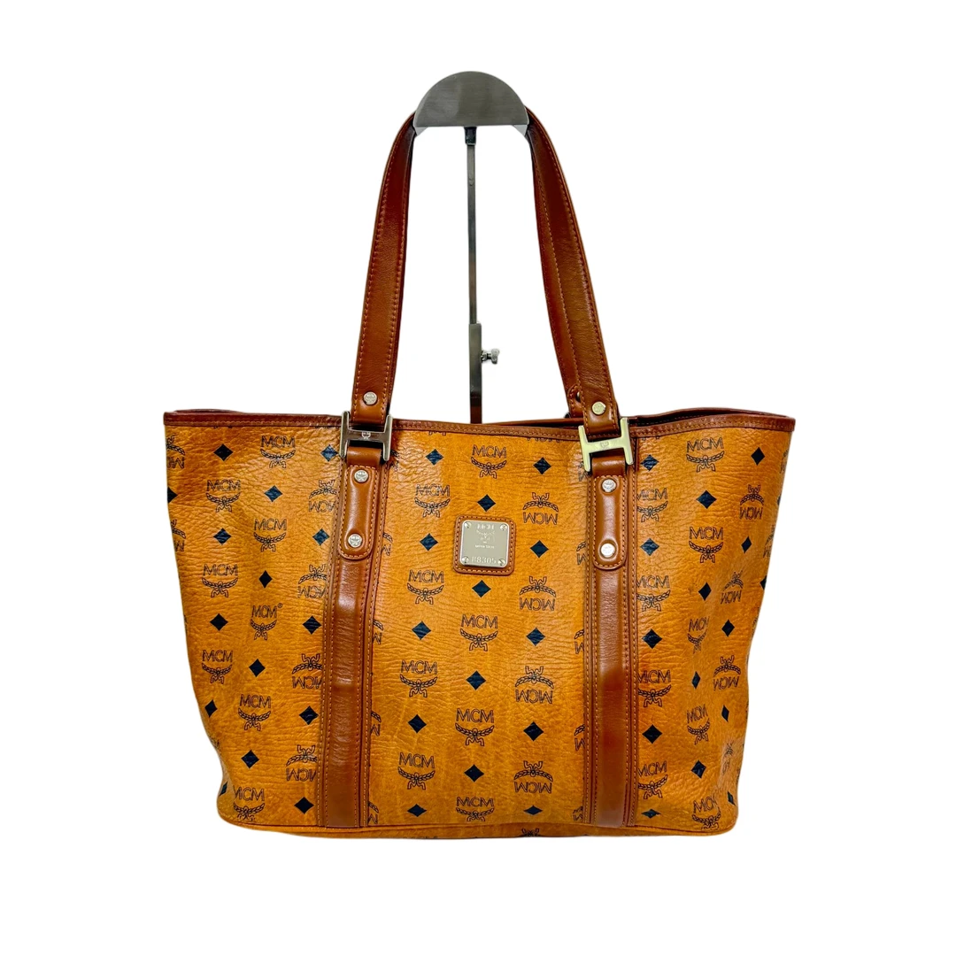 95新 MCM 经典老花干邑色全皮手提托特包 2508M034
