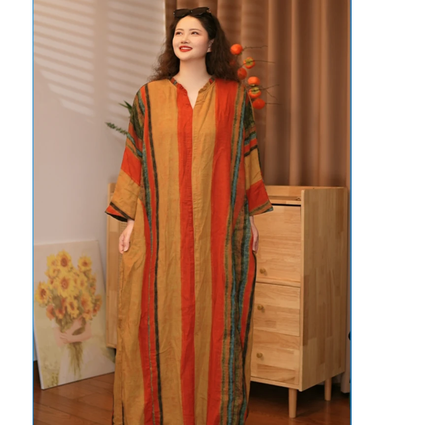 【写生】原创国风复古2025夏季印花小V领木耳领透气麻棉连衣裙#2365