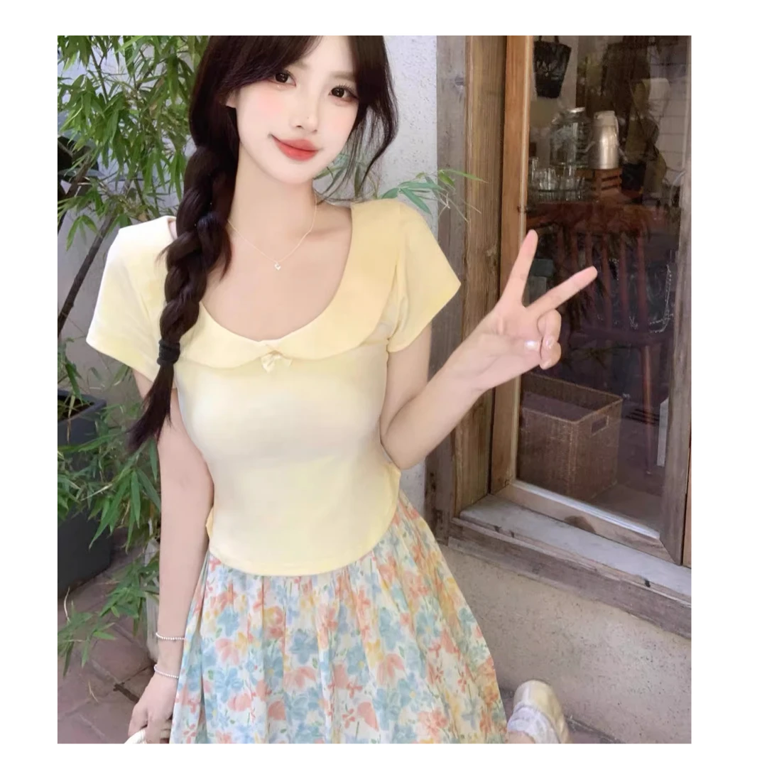 YH-66997大码女装淡黄色胖mm娃娃领短袖上衣高腰碎花半身裙套装夏