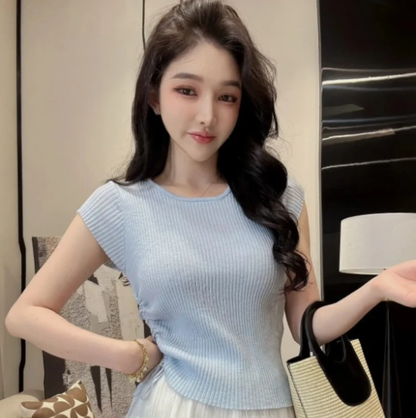 2025年夏季新款显瘦镂空洋气百搭短袖小众无袖纯色针织上衣H7-31