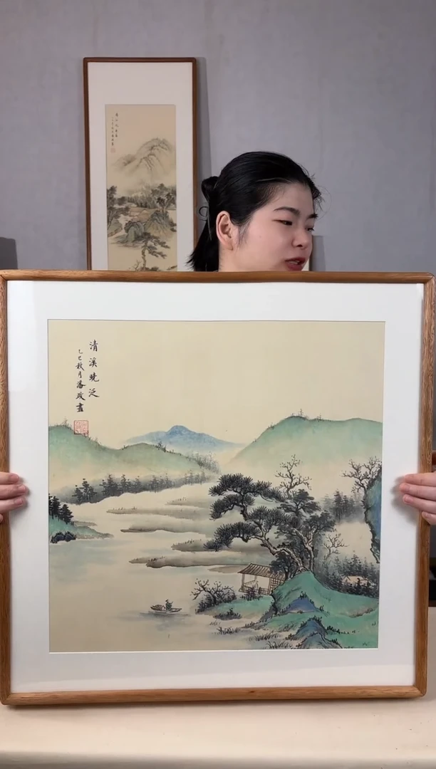 国画手绘*清溪晓泛*62*62cm实木框