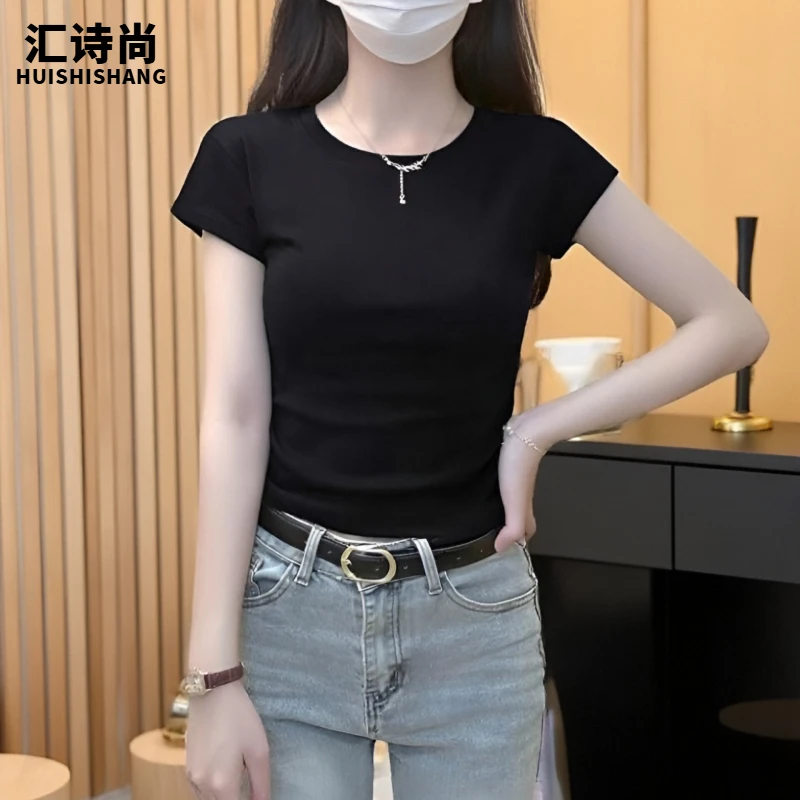 欧货短袖T恤女夏季新款简约休闲百搭体恤显瘦修身圆领正肩上衣潮