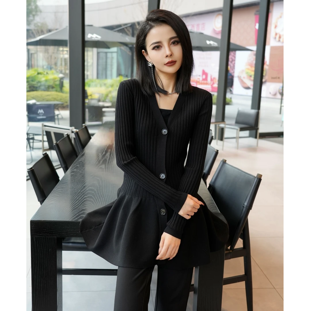 POPULARYW【繁弦】Z·R上品屋V领修身收腰荷叶摆针织洋气连衣裙