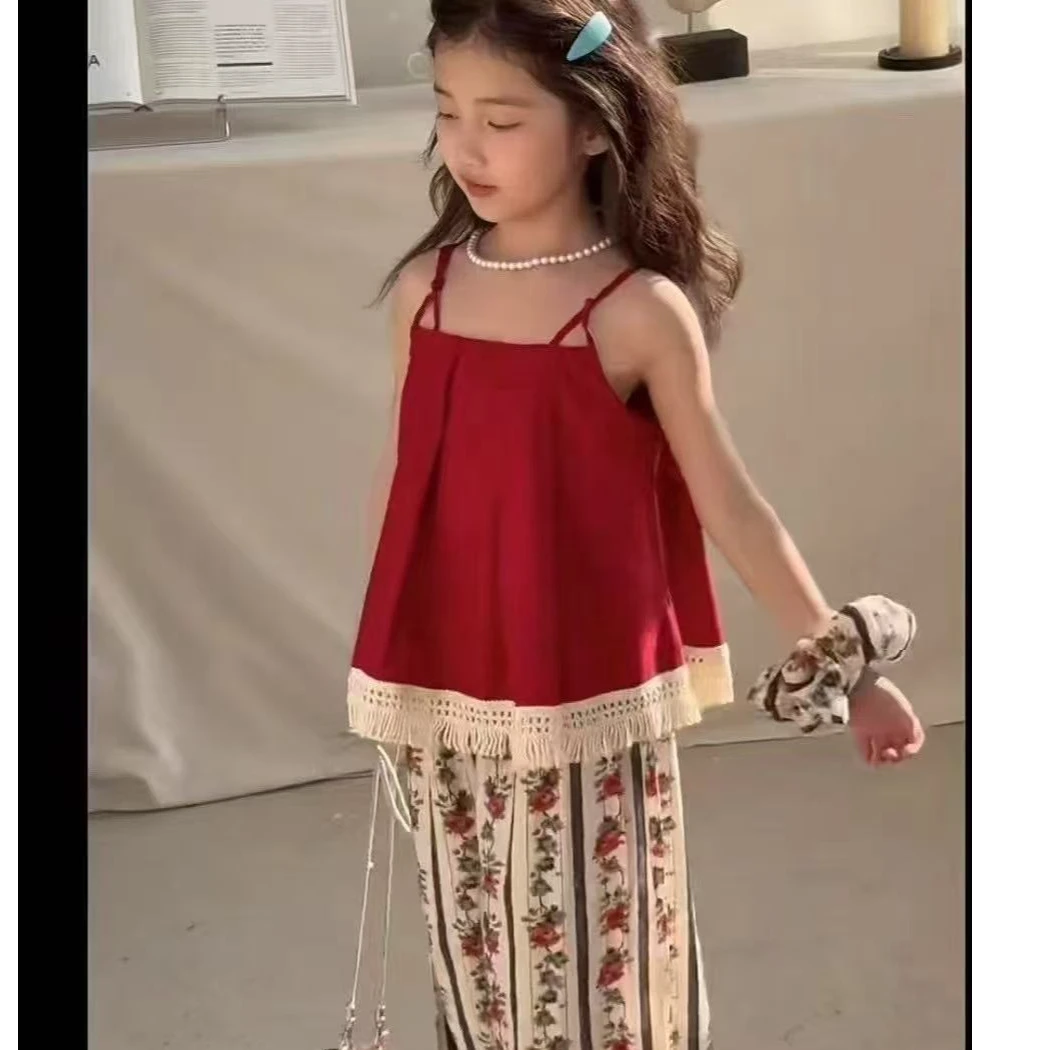 女童夏季新款吊带碎花两件套洋气百搭复古无袖韩版