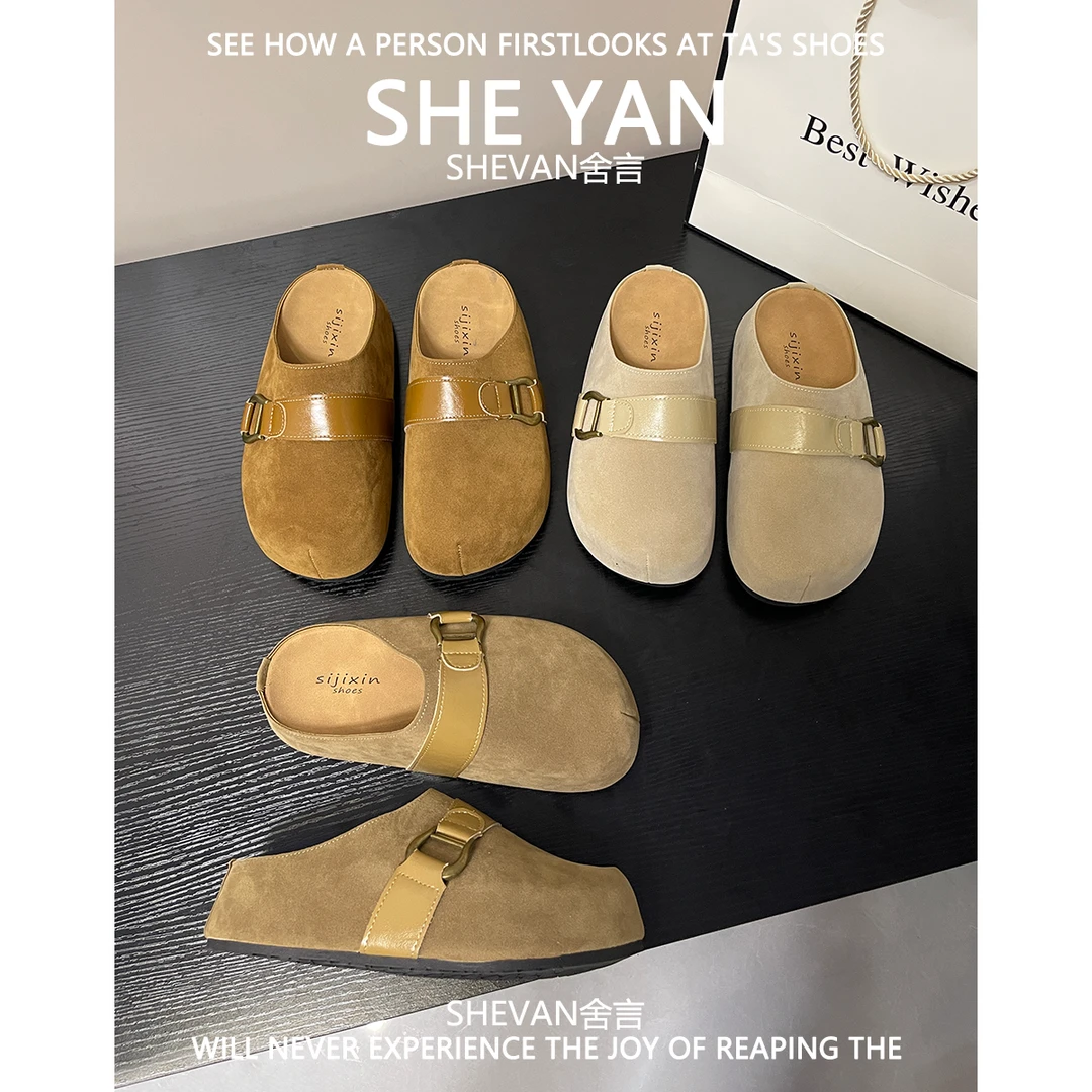 羊皮版~厚底复古圆头皮带扣勃肯鞋女2025年新款一脚蹬博肯包头拖