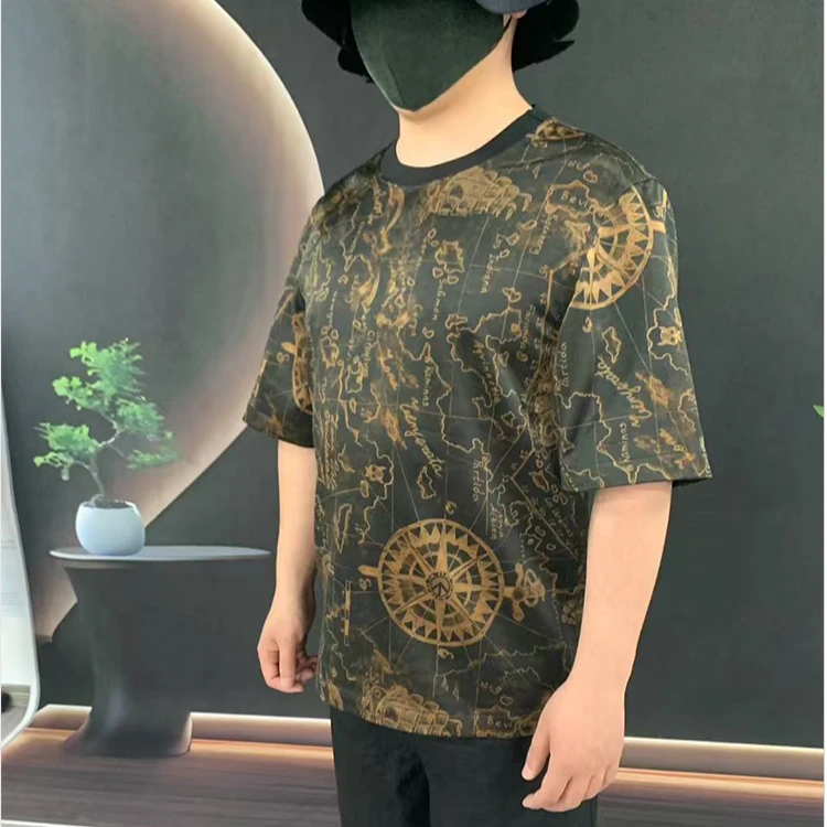新品夏季男式桑蚕丝素平缎香云纱双面穿圆领T恤高端短袖上衣