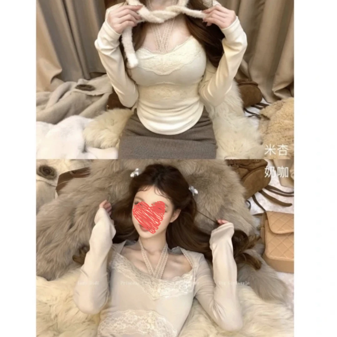 纯欲蕾丝挂脖拼接锁骨t恤女秋冬新款带胸垫内搭甜辣修身长袖上衣