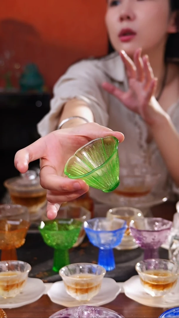 手工艺品琉璃绿色花瓣杯