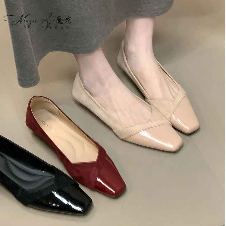 【万达撤柜】法式小香风低跟百搭单鞋女秋季绒面拼接晚晚鞋通勤温柔