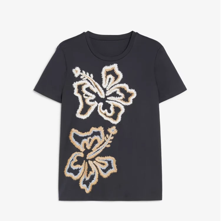 【MM】夏季百搭上衣简约蓝色圆领花朵刺绣针织T恤-MM2510