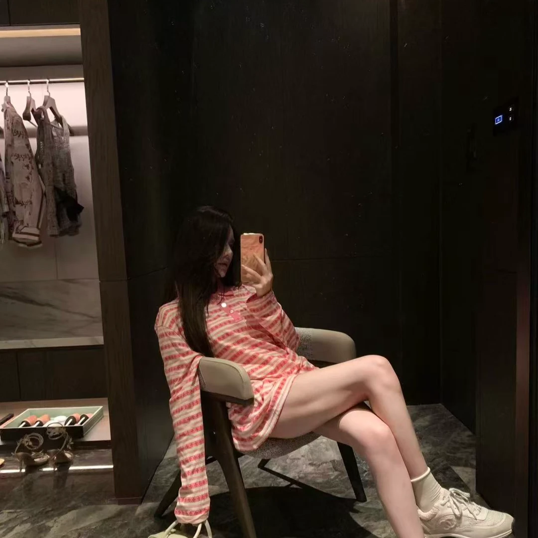 【杨娇娇COCO】T恤纽扣长袖insPOLO衫条纹格男女同款情侣多巴胺情侣