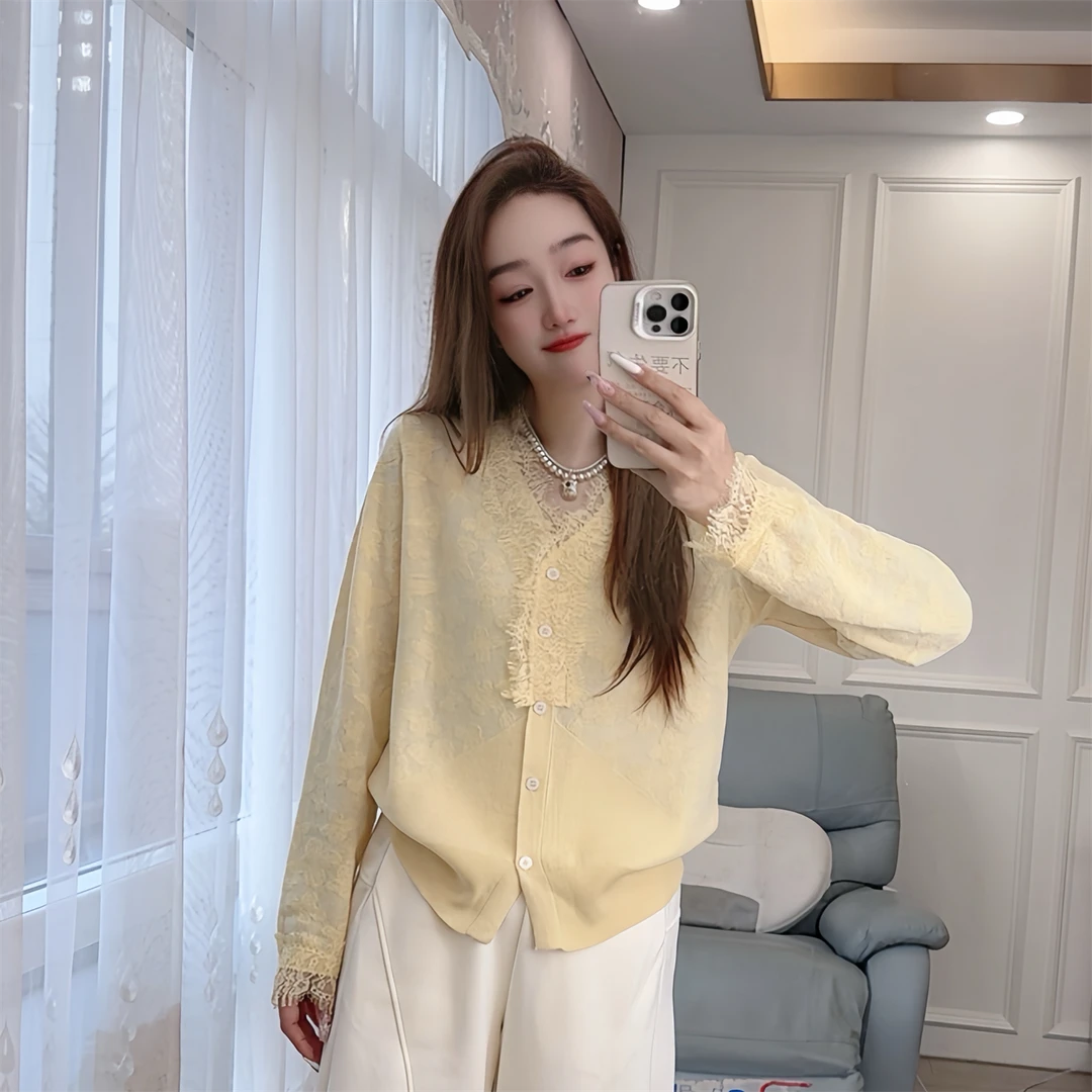 2535现货早春女装针织衫开衫长袖蕾丝拼接韩版气质V领法式外搭