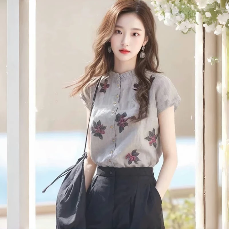 法式复古碎花立领短袖衬衫女设计感小众亚麻夏季上衣阔腿裤两件套