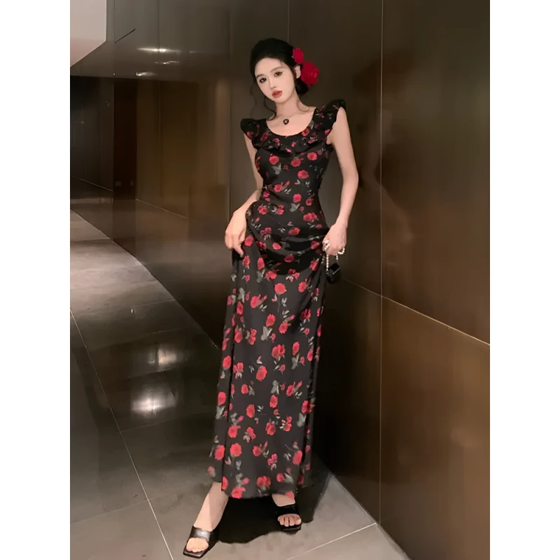 法式复古黑色碎花无袖吊带连衣裙女高级感气质收腰显瘦包臀长裙子