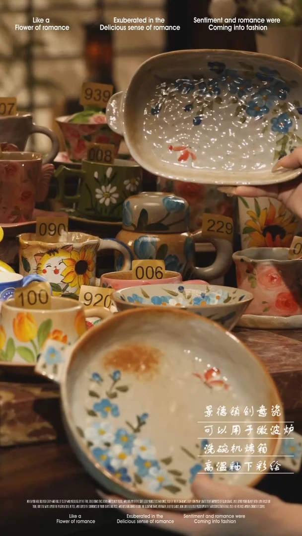 陶瓷三件套景德镇高温手绘釉下彩设计师款式